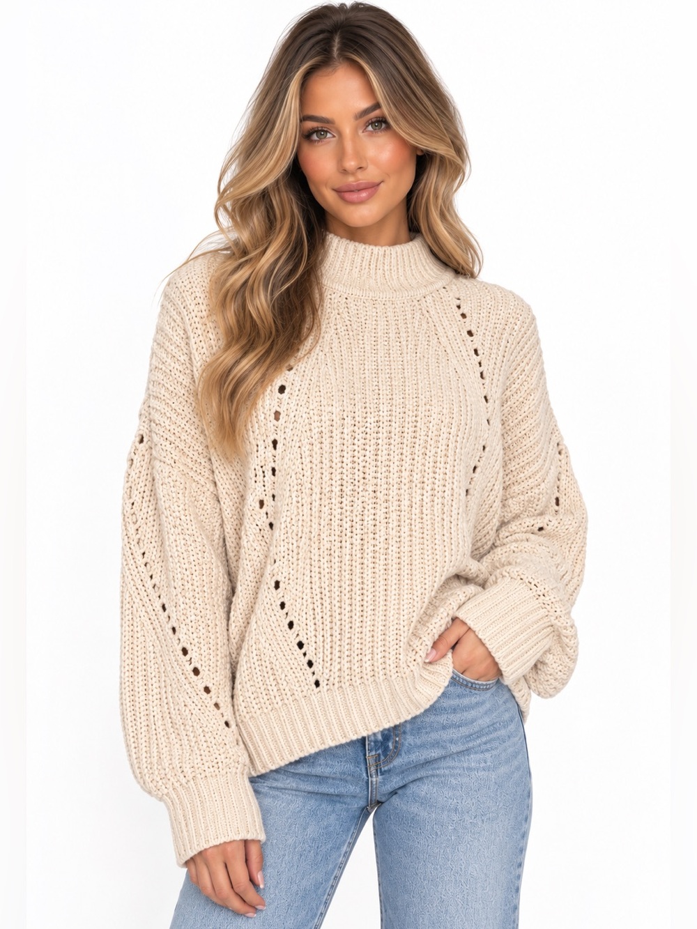 HYFVE Cream Chenille Knit Mock Neck Sweater L NWT